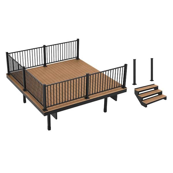 FORTRESS Apex Freestanding 4 ft. x 12 ft. x 12 ft. Himalayan Cedar PVC Deck 3-Step Stair Kit with Steel Framing & Aluminum Rail