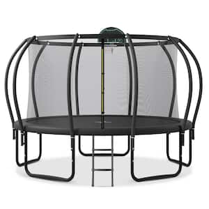 12 ft. Outdoor Balance Training Trampoline for Kids with Safety Enclosure, Plus Basketball Board and 10 Ground Stakes
