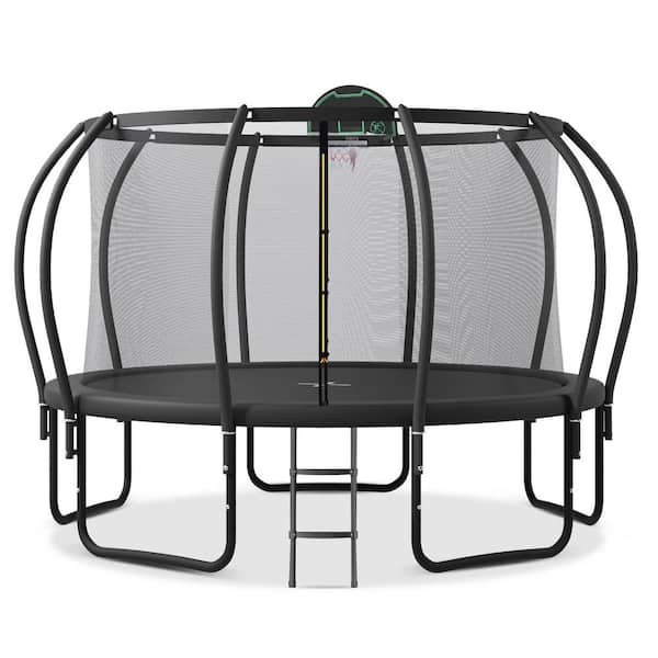 Tatayosi 12 ft. Outdoor Balance Training Trampoline for Kids with Safety Enclosure, Plus Basketball Board and 10 Ground Stakes