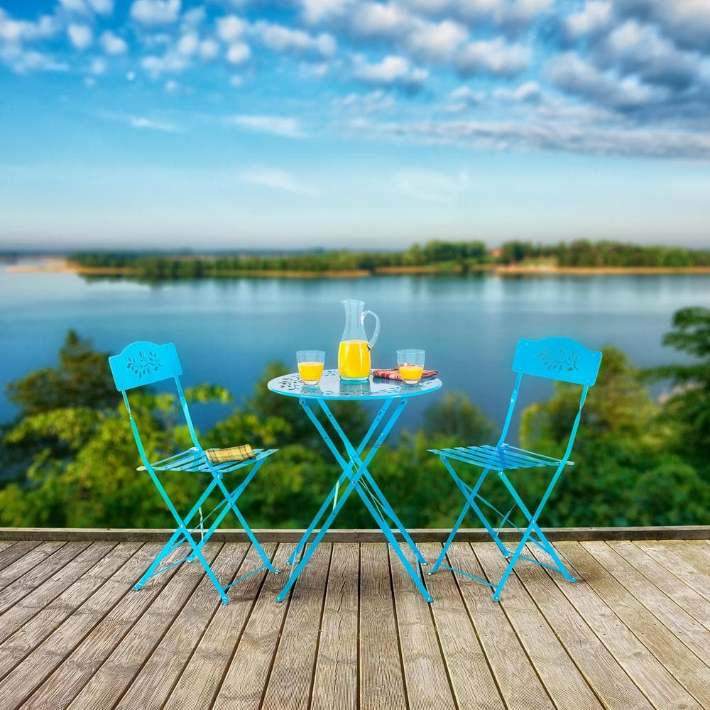 Bright Blue Steel 3-Piece Folding Bistro Patio Set