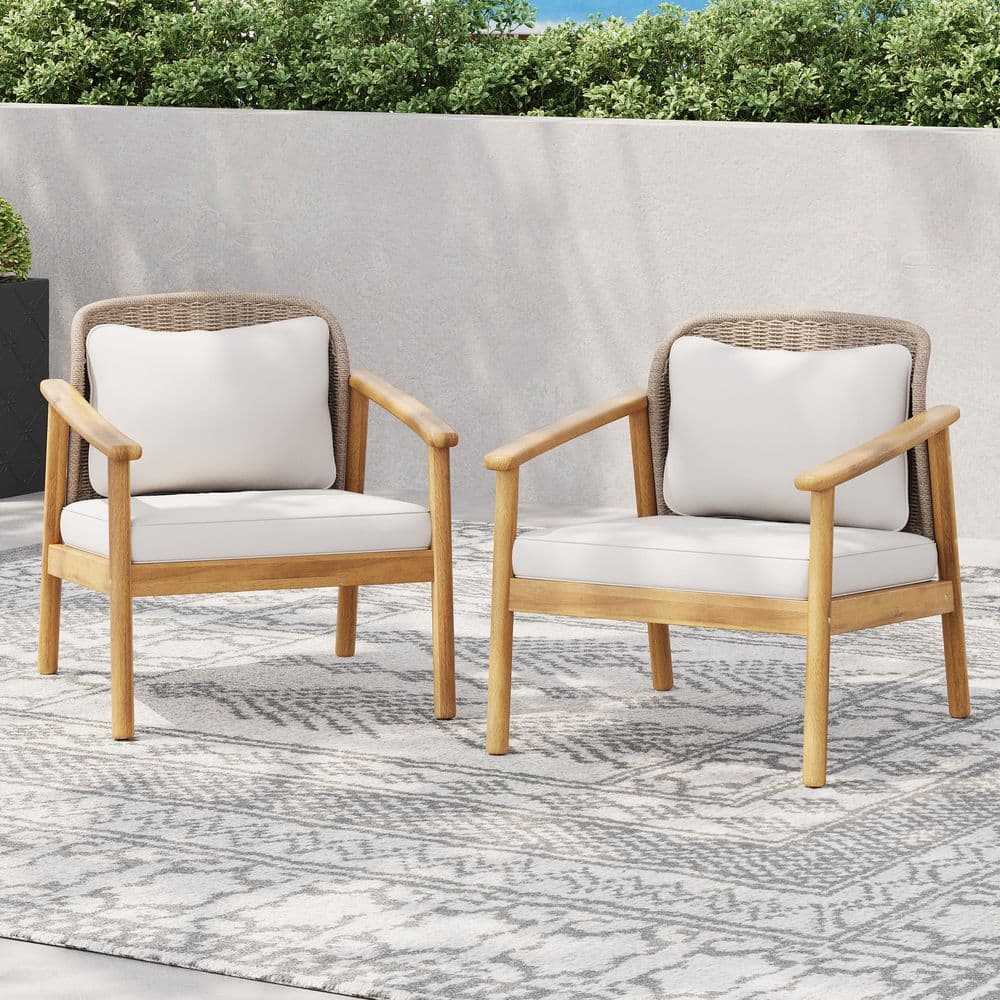 Outdoor Acacia Wood and Rope Patio Chair with Cushions (Set of 2)