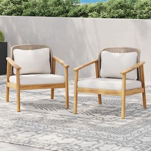 Modern Light Teak Patio Acacia Wood and Rope Outdoor Lounge Chair with Beige Cushions (2-Pack)