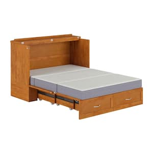 Hamilton Light Toffee Natural Bronze Solid Wood Frame Full Size Murphy Bed Chest with Mattress, Storage Device Charger