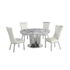 Gina 6-Piece Marble Top with Lazy Susan Stainless Steel Base Table Set with 4-White Faux Leather Chairs