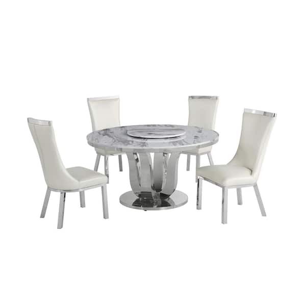 Best Quality Furniture Gina 6-Piece Marble Top with Lazy Susan Stainless Steel Base Table Set with 4-White Faux Leather Chairs