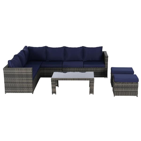 6-Piece Wicker Outdoor Sectional Sofa Set with Dark Blue Cushions and Coffee Table