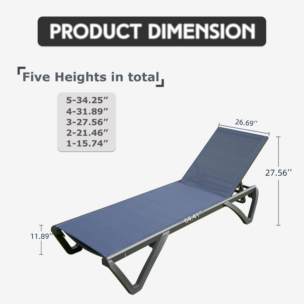 Measurement diagram of a navy blue outdoor chaise lounge.
