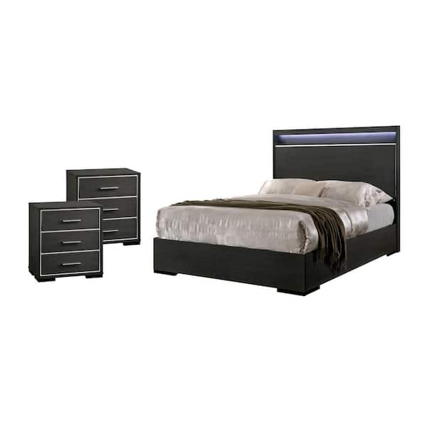Furniture of America Magda 3-Piece Warm Gray Queen Wood Bedroom Set, Bed and 2 Nightstands