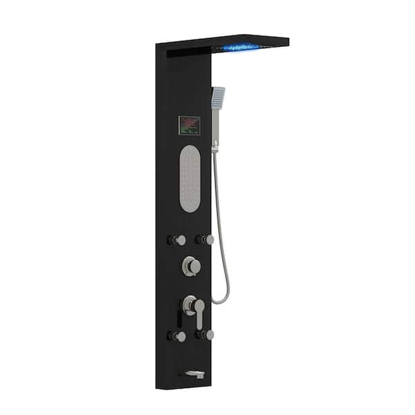 WIAWG 5 Body Jets Shower Tower Jetted Shower in Black Stainless Steel With LED Rainfall Waterfall Shower Head, Hand Shower