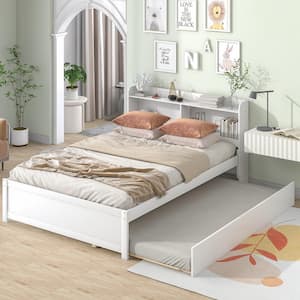 White Wood Frame Full Size Platform Bed with Trundle and Bookcase