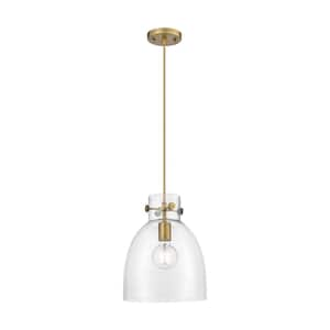 Newton Bell 100-Watt 1 Light Brushed Brass Shaded Pendant Light with Clear glass Clear Glass Shade