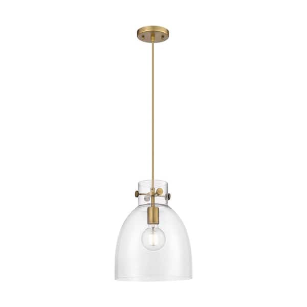 Newton Bell 100-Watt 1 Light Brushed Brass Shaded Pendant Light with Clear glass Clear Glass Shade