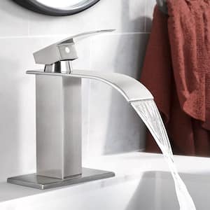Waterfall Spout 1-Handle Low Arc 1-Hole Bathroom Faucet with Deckplate Included in Brushed Nickel