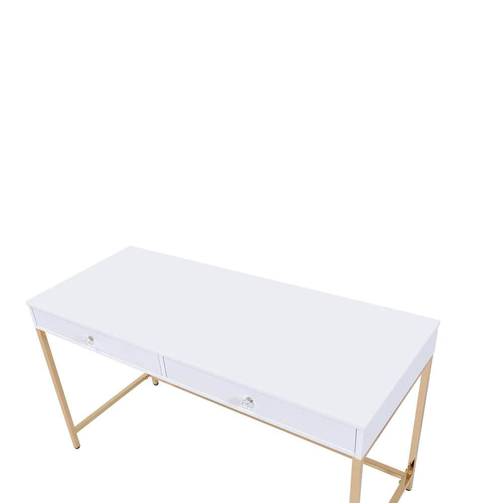 Contemporary White High Gloss 52" Office Desk with Gold Accents