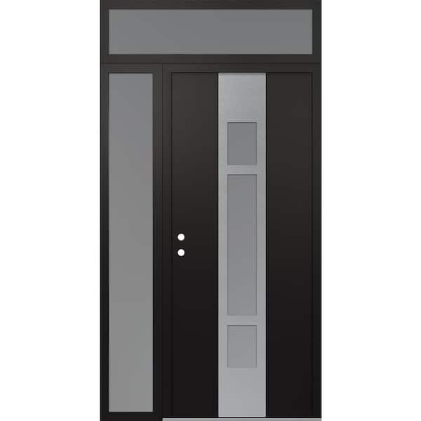 A9 52 in. x 96 in. Silver P Right-Hand/Inswing Frosted Glass Black/White Sidelite+Transom Steel Prehung Front Door
