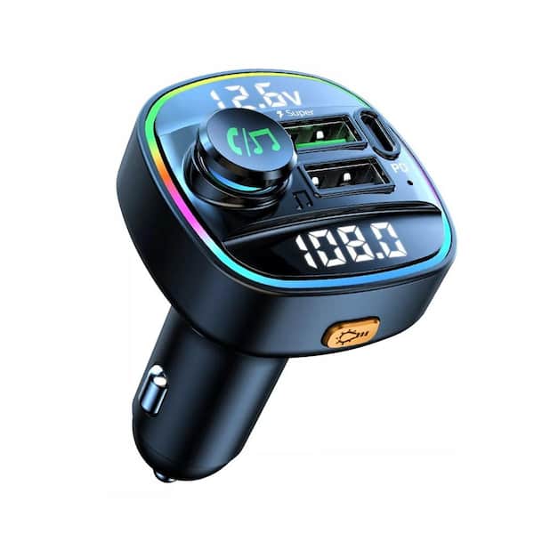 Ahfiwaso Bluetooth 5.0 Car FM Transmitter with USB PD Charger, Hands-Free Calling, LED RGB Lighting and Dual USB Ports, Black