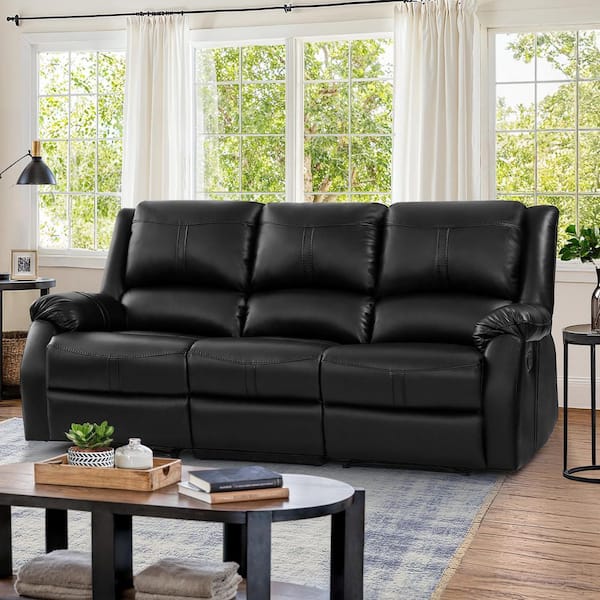 Jake 80.7 in. W Black Leather Upholstered 3-Seater Push Back Recliner Sofa with Rolled Arm