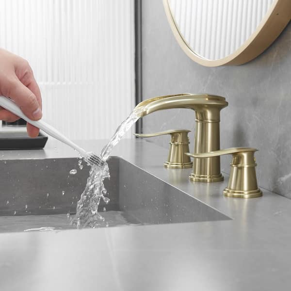 8 in. Widespread Double Handle Bathroom Faucet with Drain Kit Included in Black Gold
