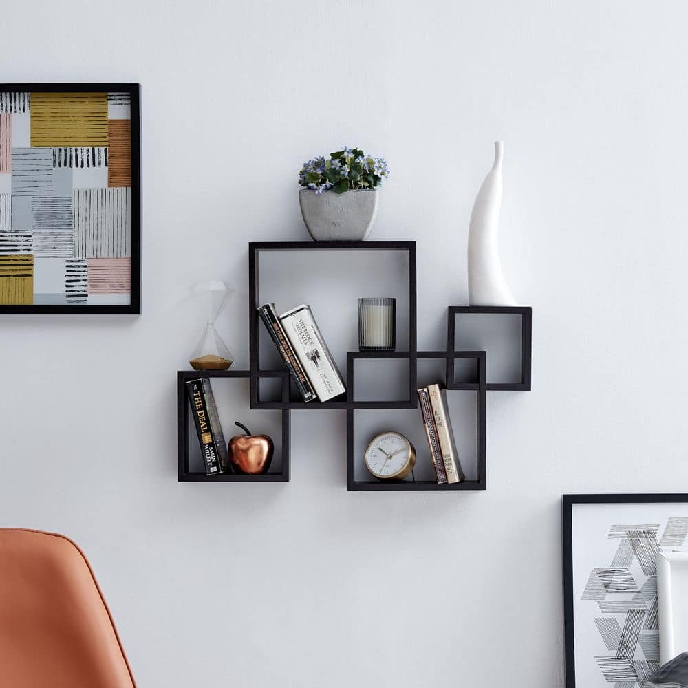 14'' Black Wood Intersecting Cube Floating Wall Shelf