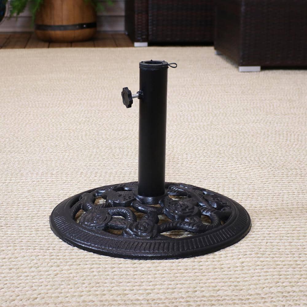Black Cast Iron Decorative Rose Blossom Patio Umbrella Base Stand