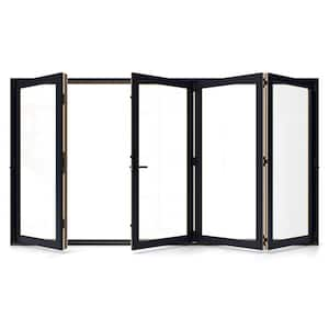 W5500 124 in. x 80 in. Black Left Hand/Outswing Aluminum Clad Wood 4-Panel Prehung Folding Patio Door