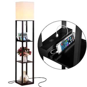 Maxwell 63 in. Black LED Skinny Shelf Floor Lamp with USB Charging Ports and Electrical Outlet