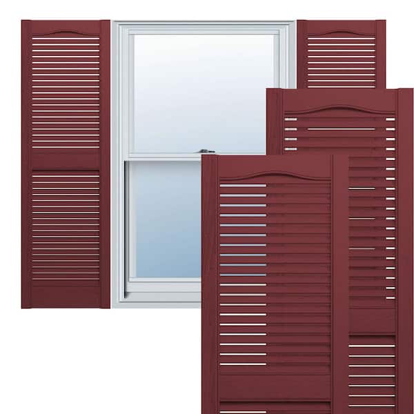 Ekena Millwork 14-1/2 in. x 71 in. Lifetime Vinyl Custom Cathedral Top Center Mullion Open Louvered Shutters Pair Wineberry