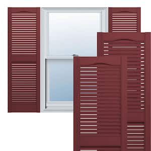 12 in. x 39 in. Lifetime Vinyl Standard Cathedral Top Center Mullion Open Louvered Shutters Pair Wineberry