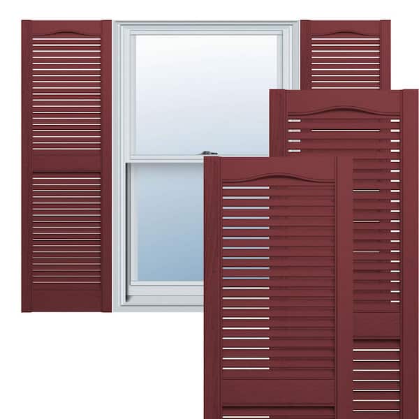 Ekena Millwork 14-1/2 in. x 52 in. Lifetime Vinyl Standard Cathedral Top Center Mullion Open Louvered Shutters Pair Wineberry