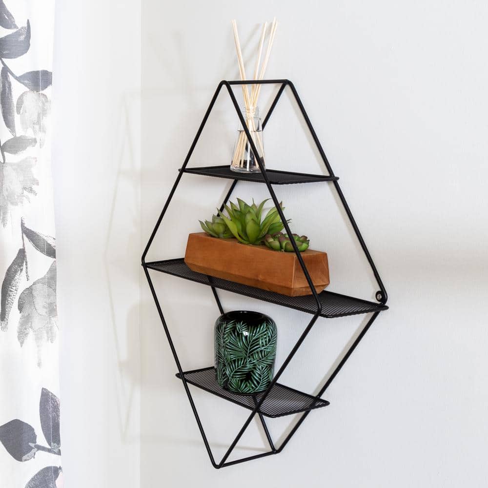 Black Geometric Steel 3-Tier Floating Wall Shelf
