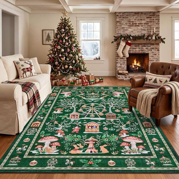Green 4 x 6 ft. Christmas Carnival Holiday Area Rug Modern Washable Non Slip Soft Carpet Cozy Xmas Decor Mat