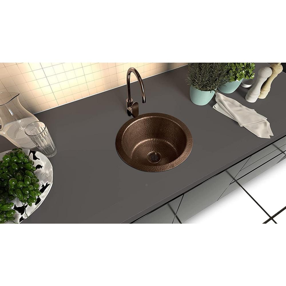 Hand Hammered Pure Copper Round Bar Prep Sink, 12 Inches