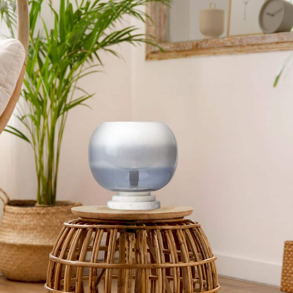 Samantha 13 in. White Stacked Base Table Lamp with Blue/White Glass Globe Shade price history on PriceWatchPro