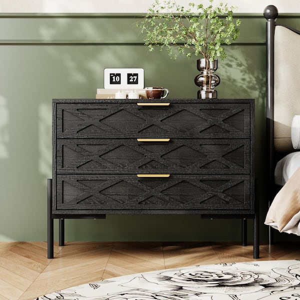 FUFU&GAGA Black 3-Drawer 29.7 in. W x 23.6 in. H Nightstand, End Side Table with Golden Handle and X-Pattem Drawer Surface