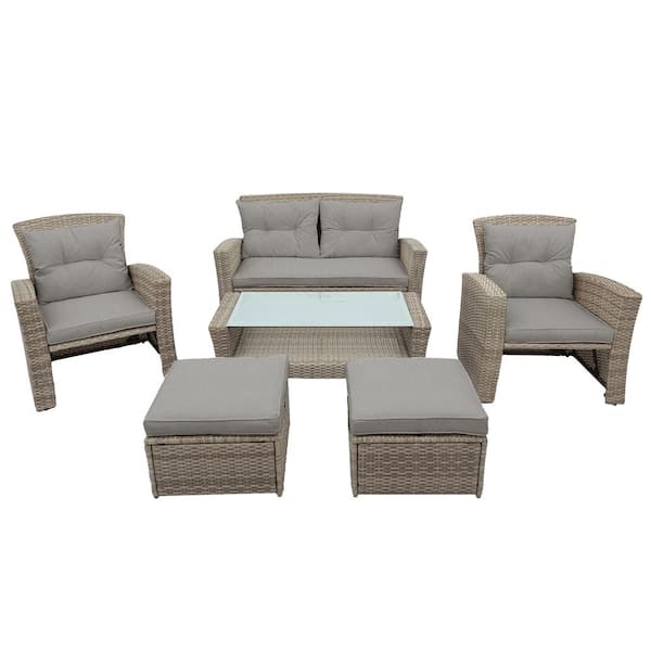 Angel Sar 4-Piece Wicker Patio Conversation Set All Weather Sectional Sofa with Ottoman and Gray Cushions