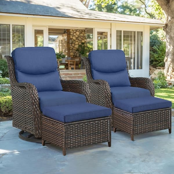 Crescent Brown Wicker Outdoor Rocking Chair Set with 5 in. Thick Navy Blue Cushions, Swivel Rockers, Ottomans (4-Pack)
