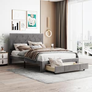 Gray Wood Frame Full Size Velvet Upholstered Platform Bed with Big Drawer and Adjustable Headboard