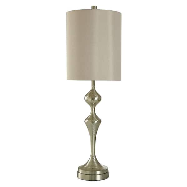 StyleCraft 31.25 in. Brushed Nickel, Taupe Sateen Candlestick Task and Reading Table Lamp for Living Room with Brown Linen Shade
