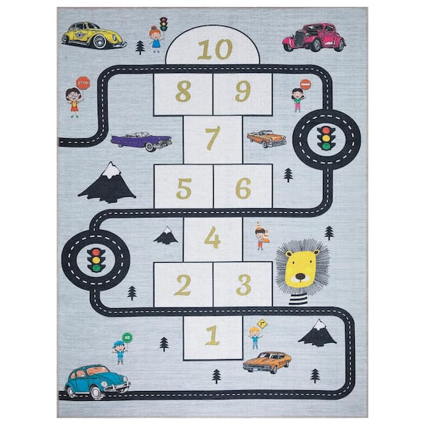 Ottomanson Non Shedding Washable Wrinkle-free Cotton Flatweave Hopscotch 5x7 Kid's Room Play Mat, 5 ft. x 7 ft., Gray
