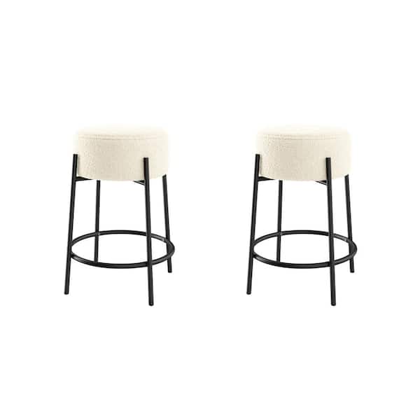 Nathan James Isaac 24 in. Boucle White Backless Metal Counter Stool with Boucle Upholstered Seat Cushion and Metal Frame, Set of 2