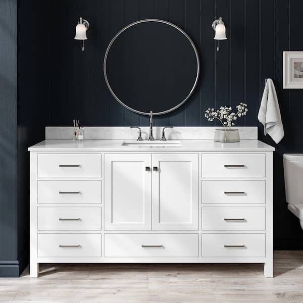 ARIEL Cambridge 67 in. W x 22 in. D x 36 in. H Bath Vanity in White with Carrara White Marble Top with White Basin