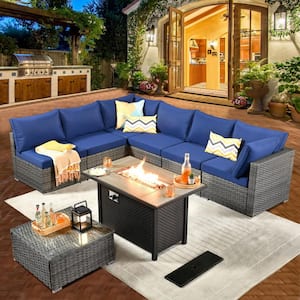 Daffodil A Gray 8-Piece Wicker Patio Rectangular Fire Pit Conversation Sofa Set with Navy Blue Cushions