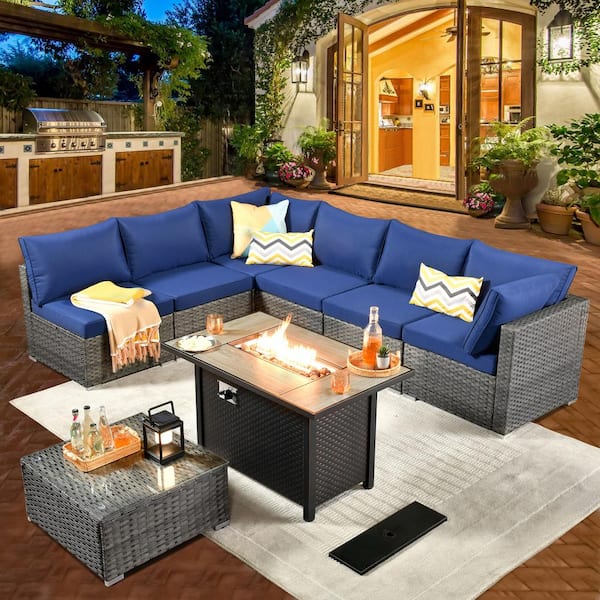 weaxty W Daffodil A Gray 8-Piece Wicker Patio Rectangular Fire Pit Conversation Sofa Set with Navy Blue Cushions