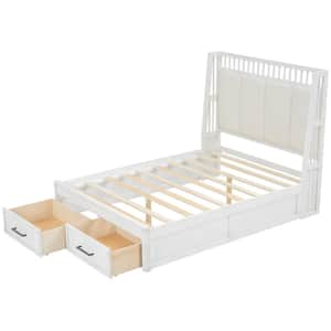 White Wood Frame Full Size Platform Bed with Upholstered Headboard and 2 Drawers