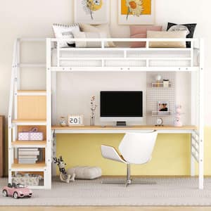 Full Size Metal Loft Bed with Desk, Storage Staircase and Small Wardrobe, White