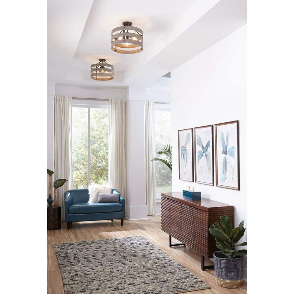 Gulliver Graphite & Wood-Grain 17" Drum Semi-Flush Ceiling Light