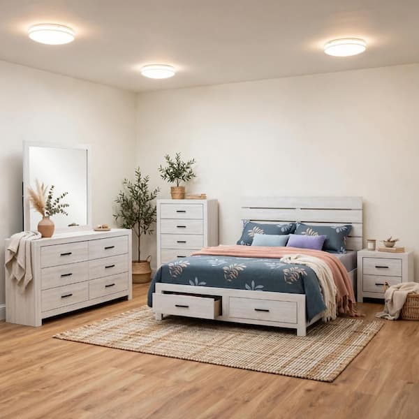 Sili 5-Piece Coastal White Wood Queen Size Bedroom Set with Storage