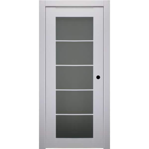 36 in. x 80 in. Smart Pro Polar White Left-Hand Solid Core Wood 5-Lite Frosted Glass Single Prehung Interior Door