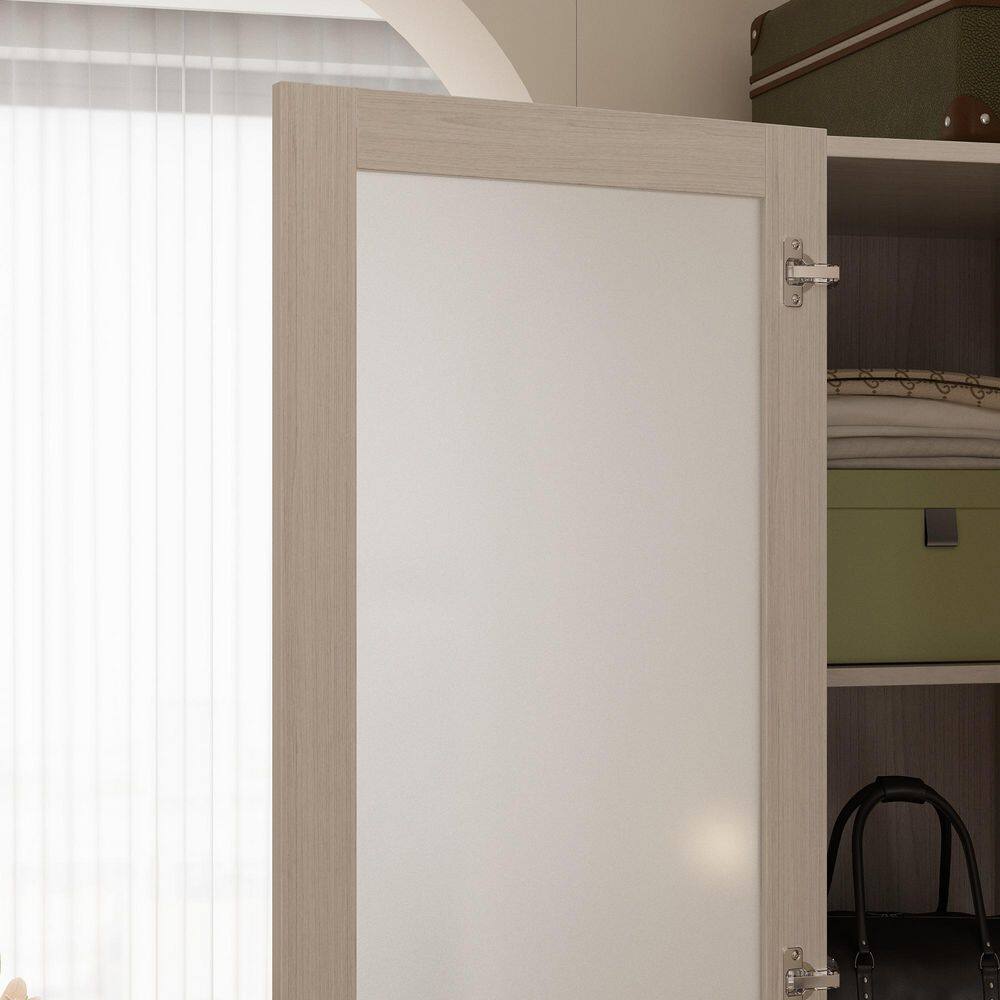 Light Wood Finish Wood 16.3 in. Bedroom Armoire with Frosted Tempered Glass Doors and Corner Design - thumbnail 9