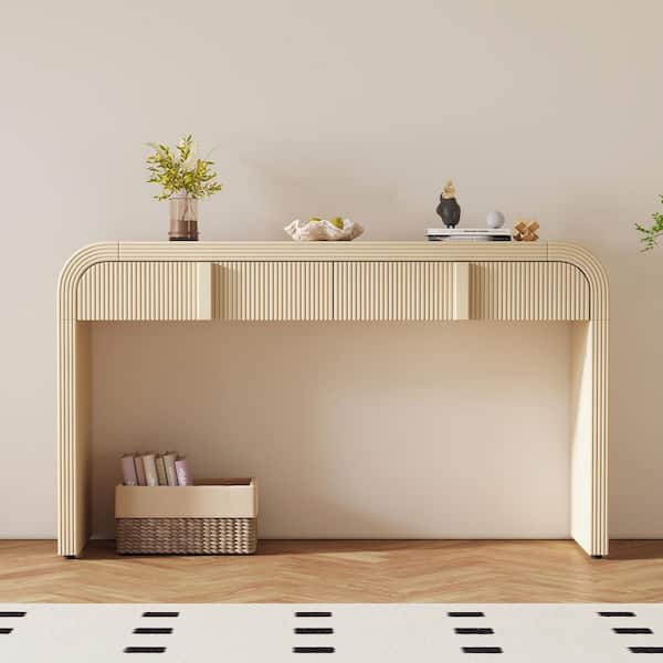 Clihome Modern 55 in. Apricot Cream Rectangle MDF Console Table with Drawers, Rounded Corners and Adjustable Foot Pads